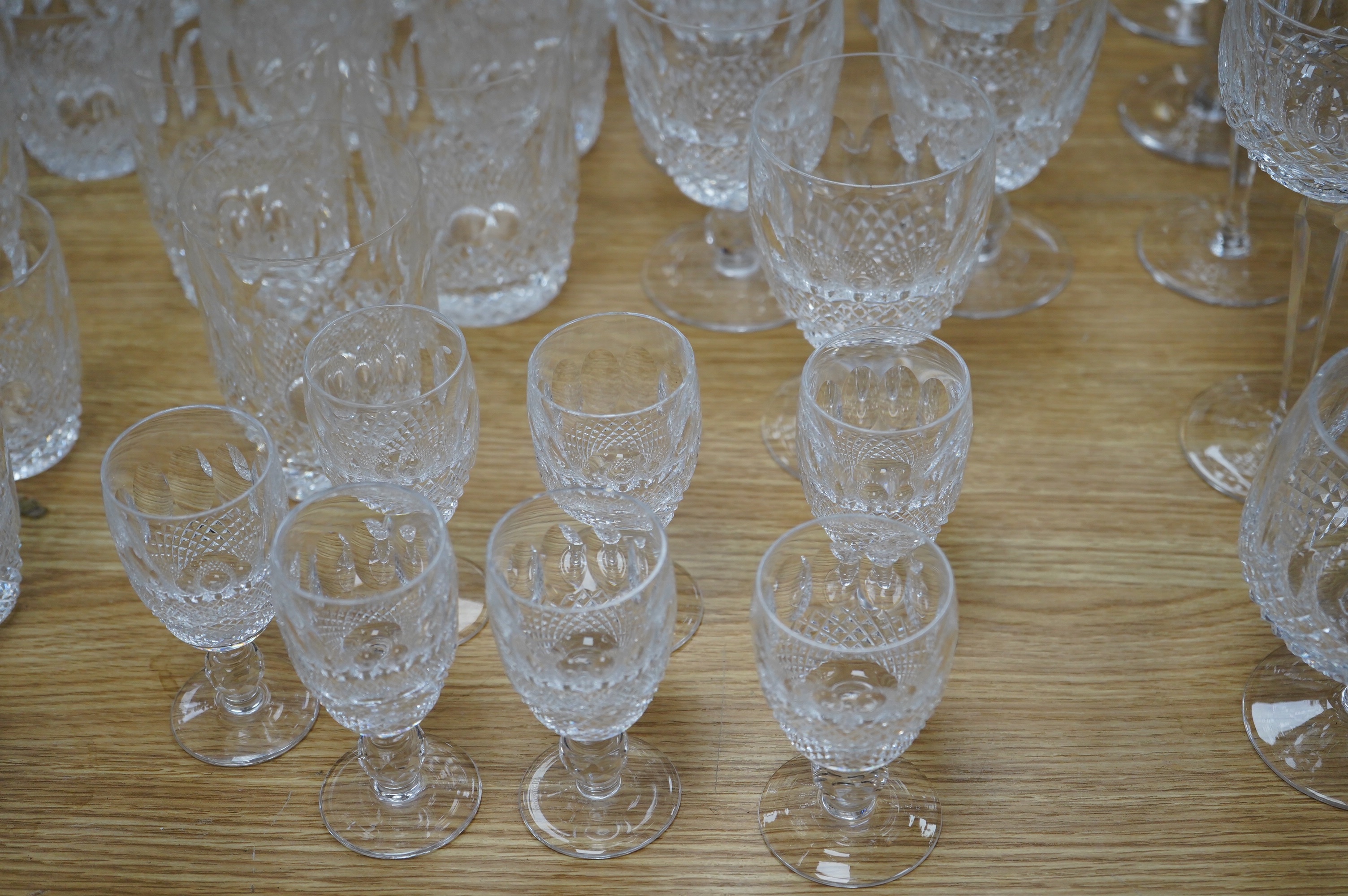 A Waterford Colleen pattern part suite of table glass including decanter, jug and glasses, largest 26cm high. Condition - mostly good